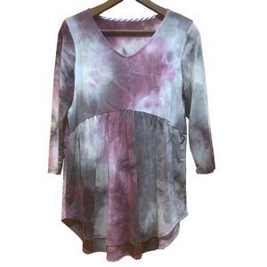 Womens Top Size M /‎ L Tie Dye V Neck Babydoll Tunic Pink Gray Y2K Boho Hippie